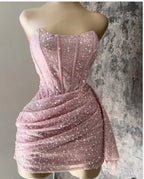 Chic Shiny Pink Sequin Homecoming Dress Strapless Party Dress Short Sheath Cocktail Dress TP4666