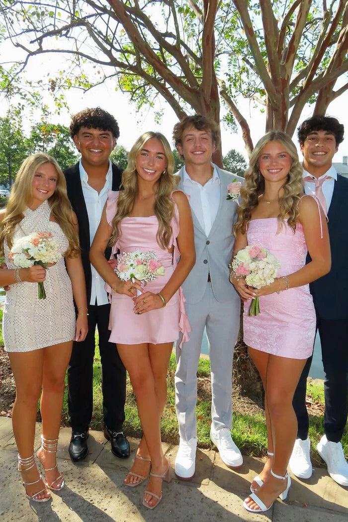 Vintage Pink Chiffon Ruffled Backless Homecoming Dress Party Dress Cocktail Dress TP4703