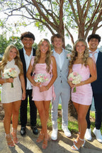 Vintage Pink Chiffon Ruffled Backless Homecoming Dress Party Dress Cocktail Dress TP4703