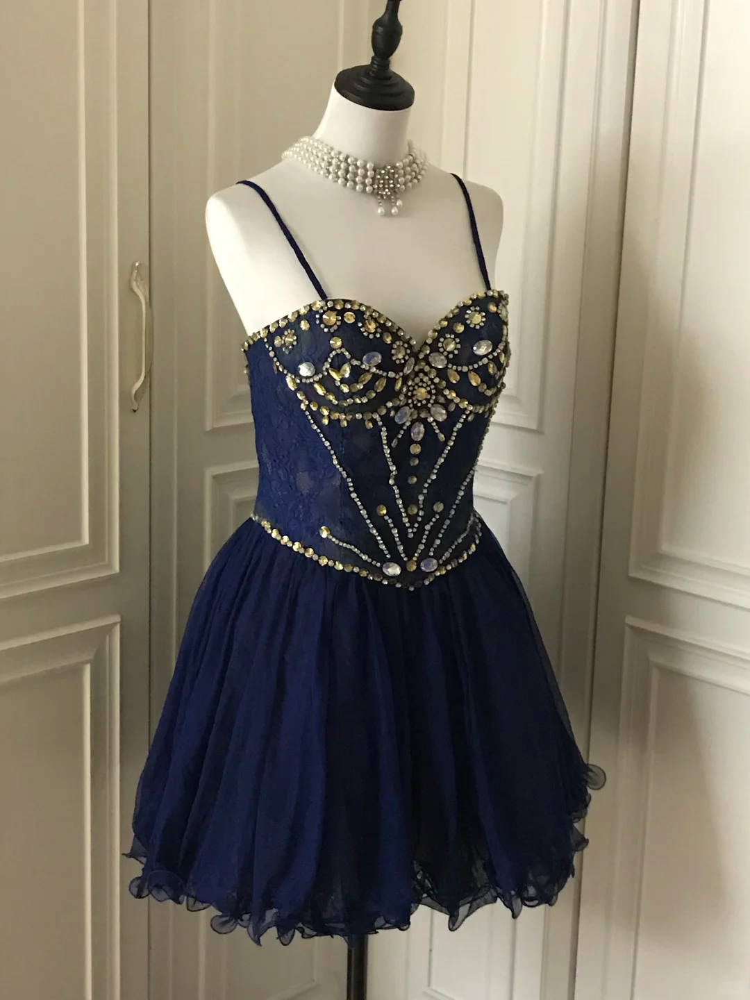 Vintage Navy Blue Lace Beaded A Line Homecoming Dress Birthday Dress  S545