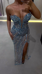 Luxury Blue Strapless Sequin Beaded Slit Mermaid Evening Dress Party Gown D1203