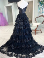 Delicate A Line Sweetheart Neck Navy Blue Sequin Tiered Ball Gown Long Prom Dresses, Sequin Long Formal Dresses  GG035