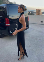 Chic Mermaid Halter High Collar Black Satin Slit Long Prom Dress,Evening Dress GG1319