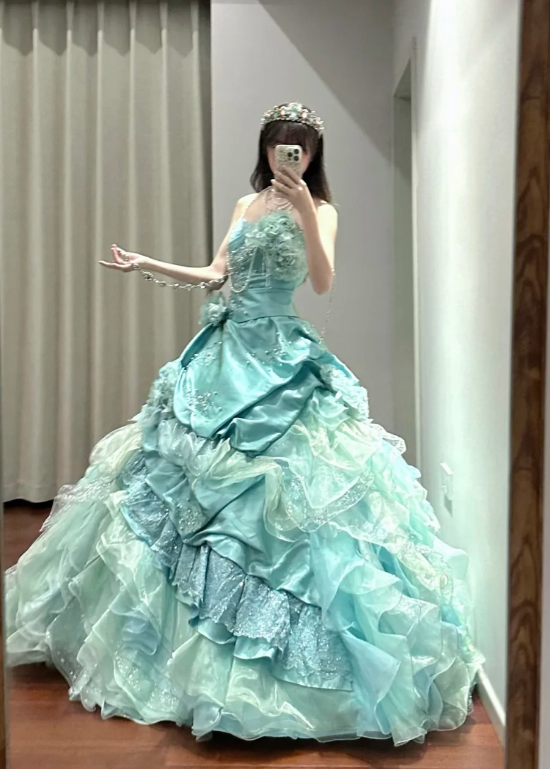 Romantic Ball Gown Strapless Satin Chiffon Beaded Without Sleeves Long Prom Dress,Evening Dress GG5481