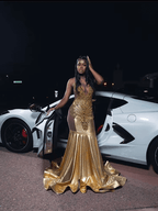 Gold Long Fitted Mermaid Prom Dresses Crystal Rhinestones