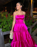 Strapless Satin Tiered Prom Dresses Lady Dress for Special Occasion