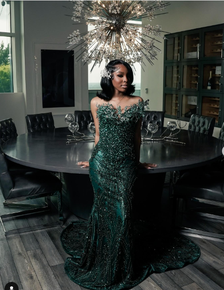 Luxury One Shoulder Satin Beaded Evening Dress Emerald Green Mermaid Prom Dress S204