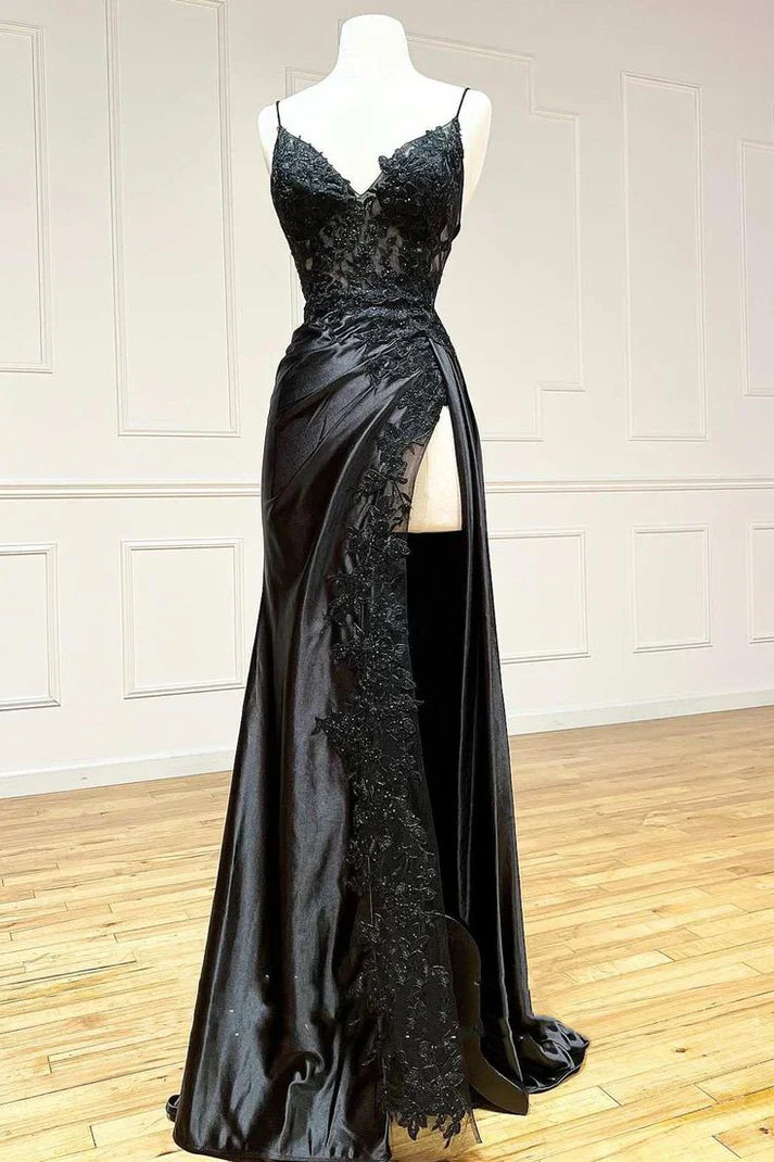 Vintage Applique V-neck Spaghetti Strap Satin Floor-length High Slit Prom Dress Evening Dress TP4323