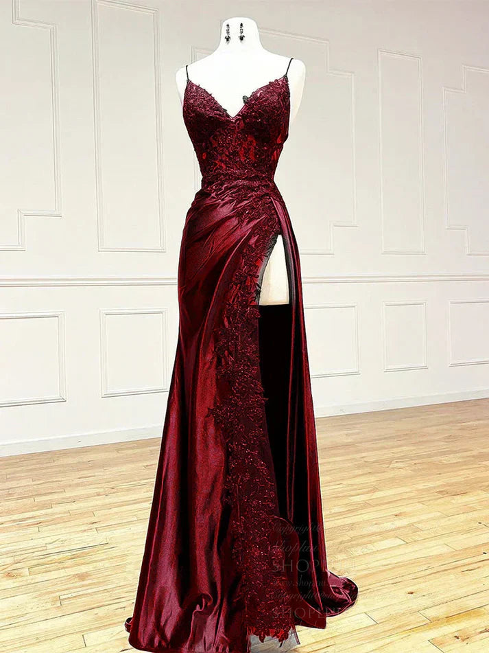 Vintage Applique V-neck Spaghetti Strap Satin Floor-length High Slit Prom Dress Evening Dress TP4323
