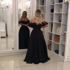 Elegant Black Lace Off The Shoulder Prom Dresses With Leg Slit