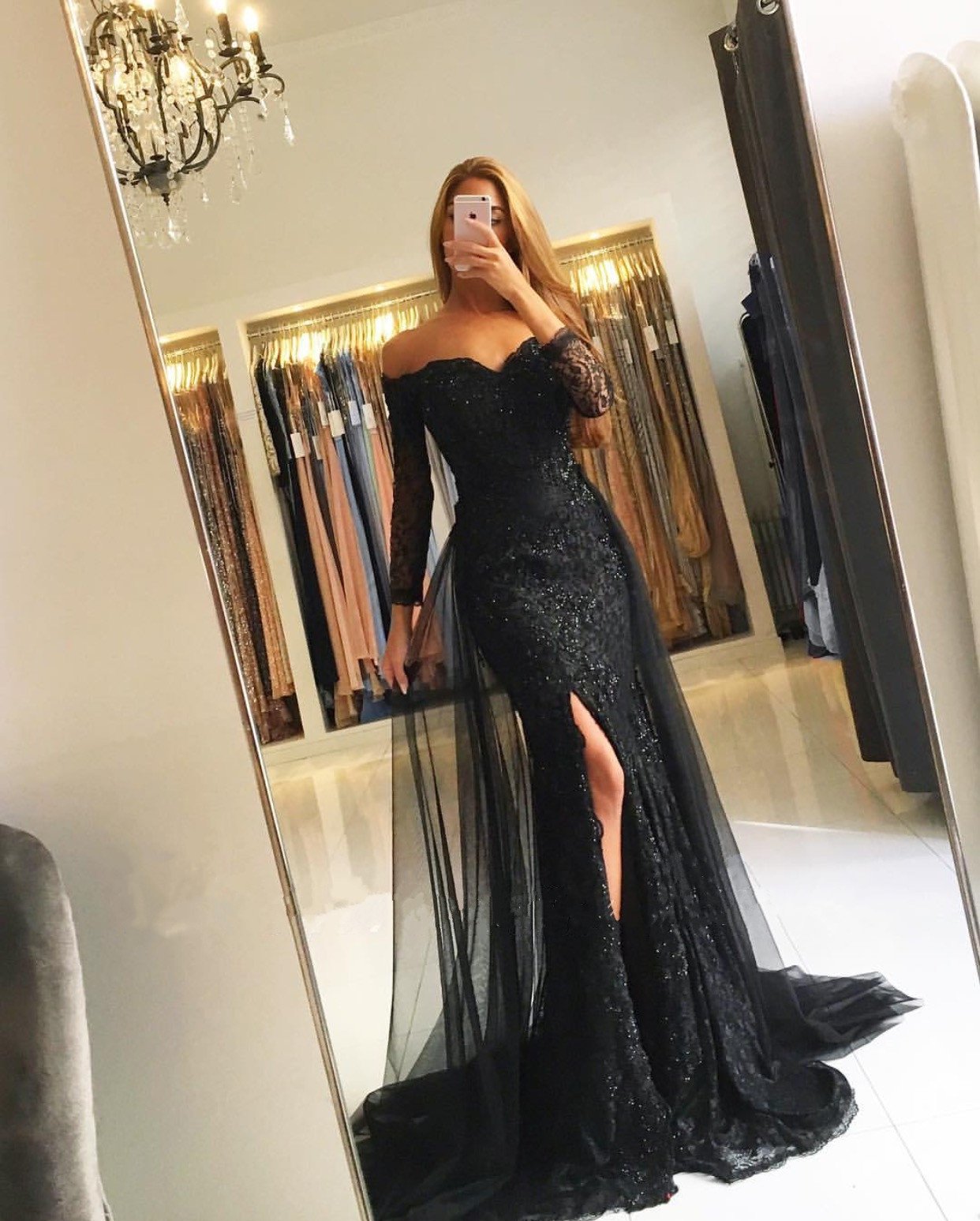 Elegant Off The Shoulder Lace Mermaid Evening Dresses With 3/4 Sleeves