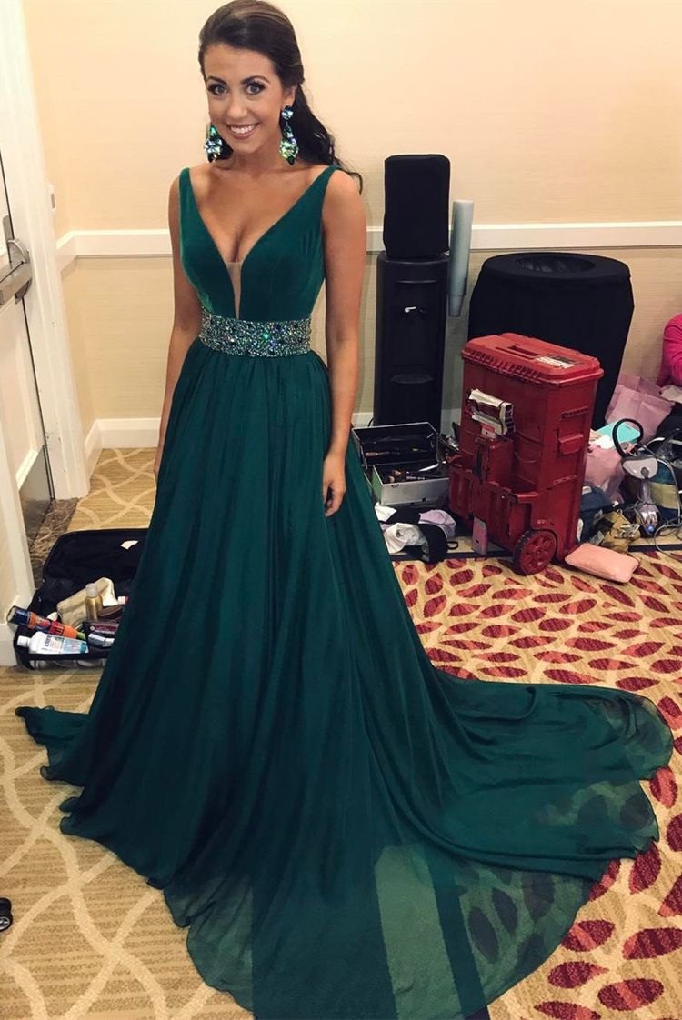 Deep V-neck Chiffon Sweep Train Prom Dresses Beaded Sashes Evening Gowns