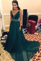 Deep V-neck Chiffon Sweep Train Prom Dresses Beaded Sashes Evening Gowns