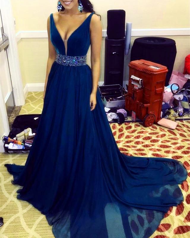 Deep V-neck Chiffon Sweep Train Prom Dresses Beaded Sashes Evening Gowns