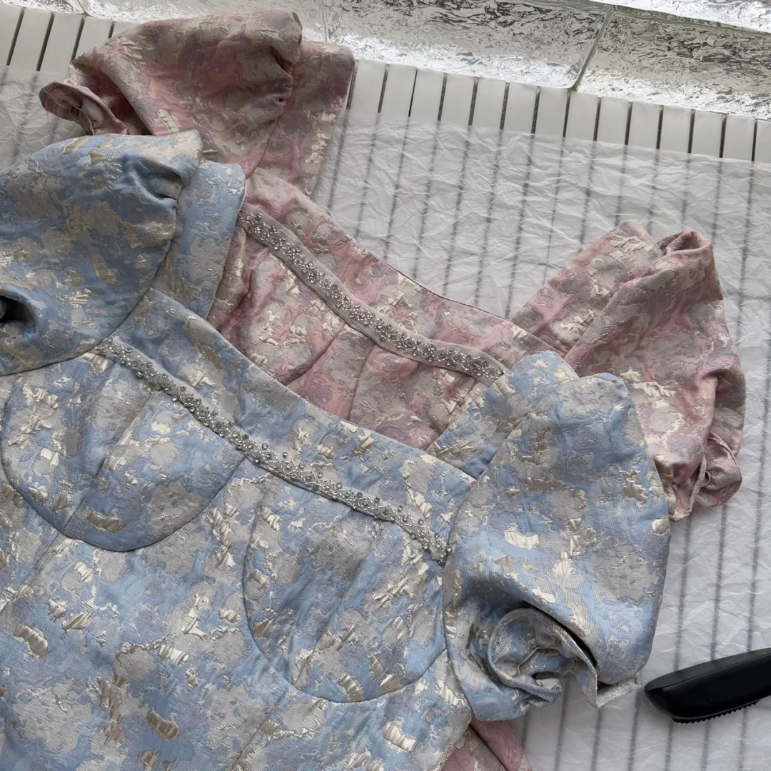 Cute Satin Print Floral Short Sleeves A Line Birthday Outfits Blue Homecoming Dress S403