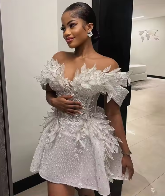 Vintage Pearls Beaded Floral Short Cocktail Dress Birthday Dress White Off The Shoulder Homecoming Dress S688