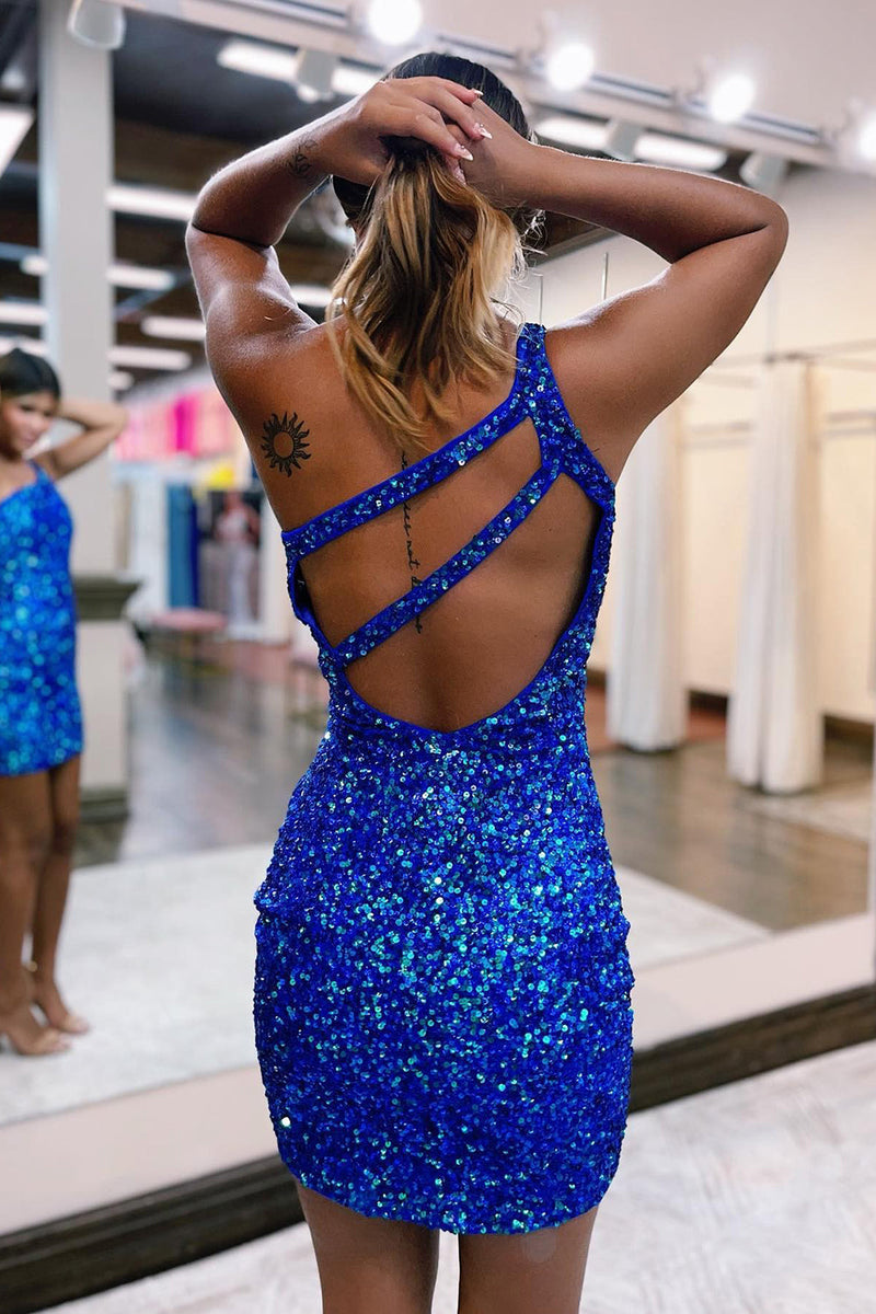 Cute One Shoulder Sequin Backless Homecoming Dress