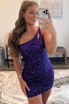 Cute One Shoulder Sequin Backless Homecoming Dress