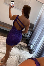 Cute One Shoulder Sequin Backless Homecoming Dress