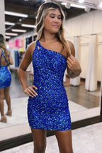 Cute One Shoulder Sequin Backless Homecoming Dress