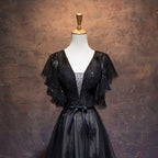 Modest Black Long A-line V-neck Black Prom Dresses Chic Party Dress