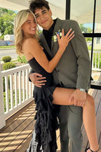 Black Strapless Ruffled Prom Party Dress with Slit