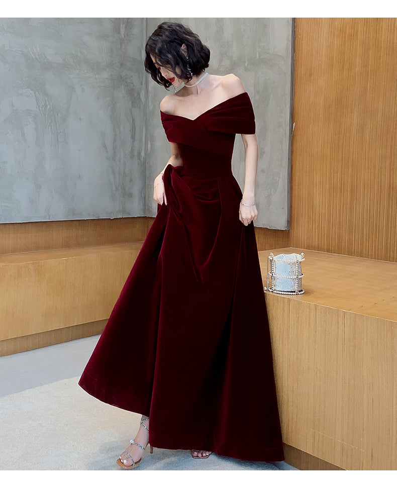elegant dark red dress Beautiful Dark Red Velvet Off Shoulder Bridesmaid Dress, A-line Long Prom Dresses – Uschichub