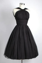 Vintage Knee-Length Sleeveless Open Back Black Homecoming Dress Ruched    fg3485