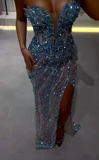 Luxury Blue Strapless Sequin Beaded Slit Mermaid Evening Dress Party Gown D1203