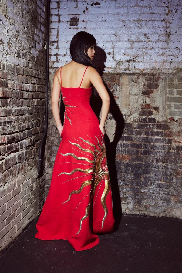 Gorgeous Spaghetti Straps Red Satin With Gold Sequin Long Party Dress Evening Dress D1387