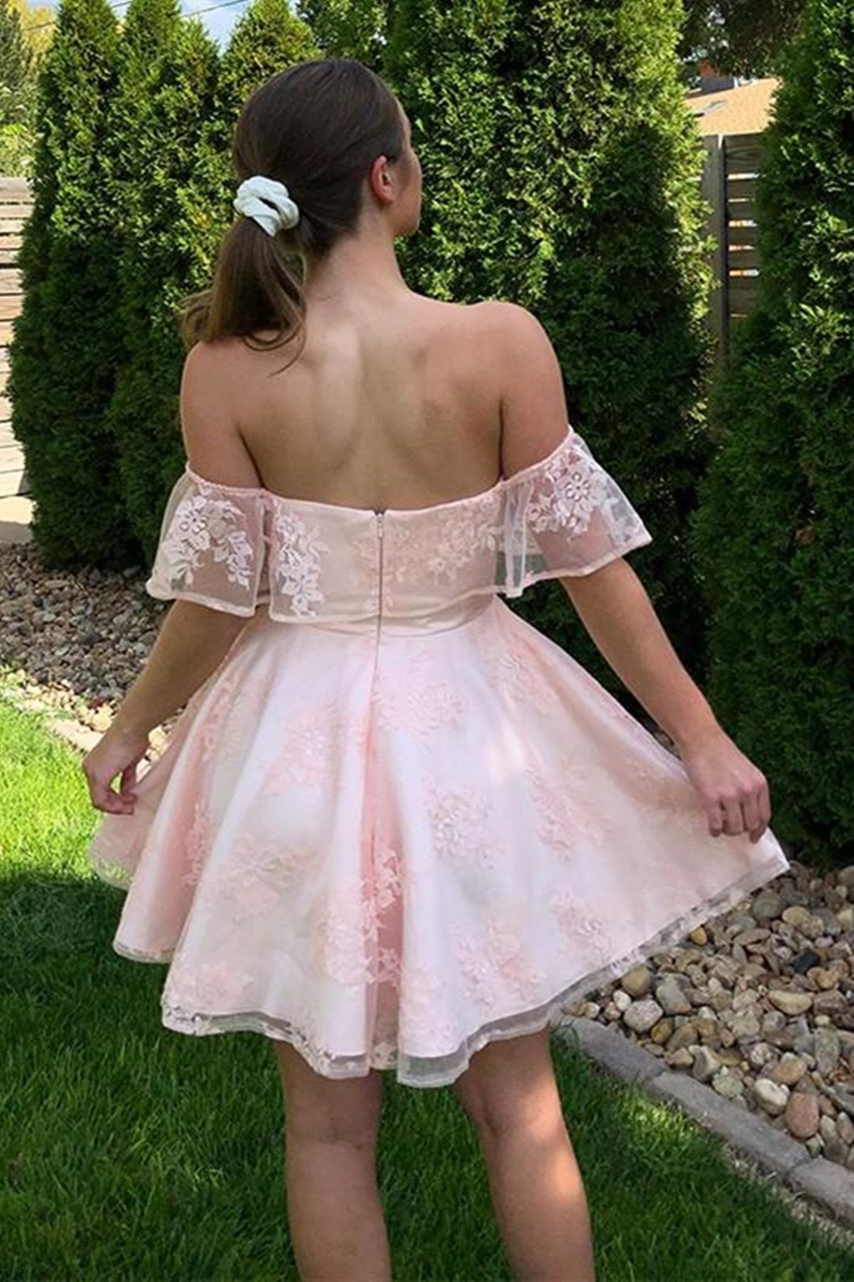 Off the Shoulder Short Pink Lace Prom Dresses, Off Shoulder Short Pink Lace Graduation Homecoming Dresses