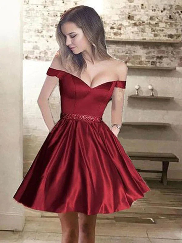 PM210,Off the shoulder burgundy homecoming dresses satin beaded graduation dress
