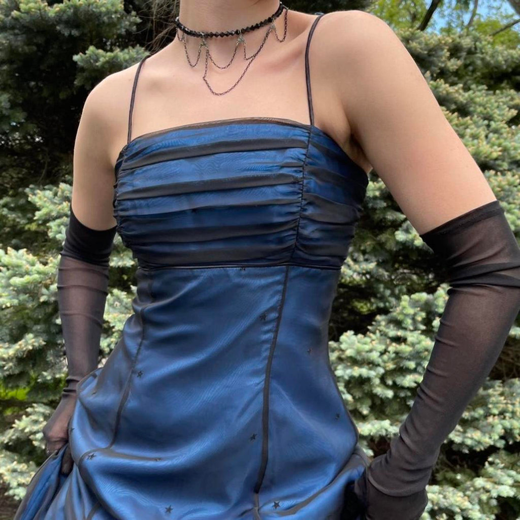 uschichubs--Navy blue vintage elegant long chiffon star prom dress party dress gh5504