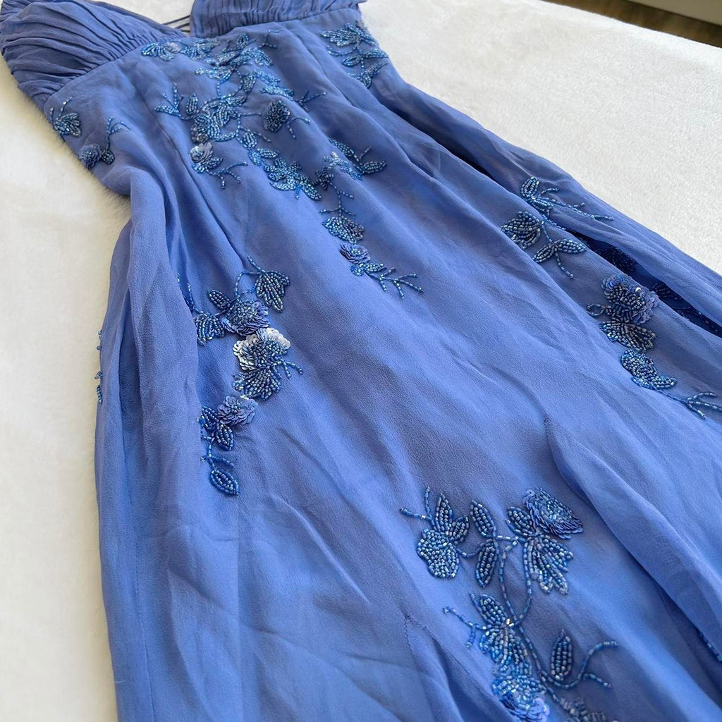 Blue Vintage Elegant V Neck Exquisite Embroidery Applique Beading Long Chiffon prom dress Evening Gown Party Dress gh3408