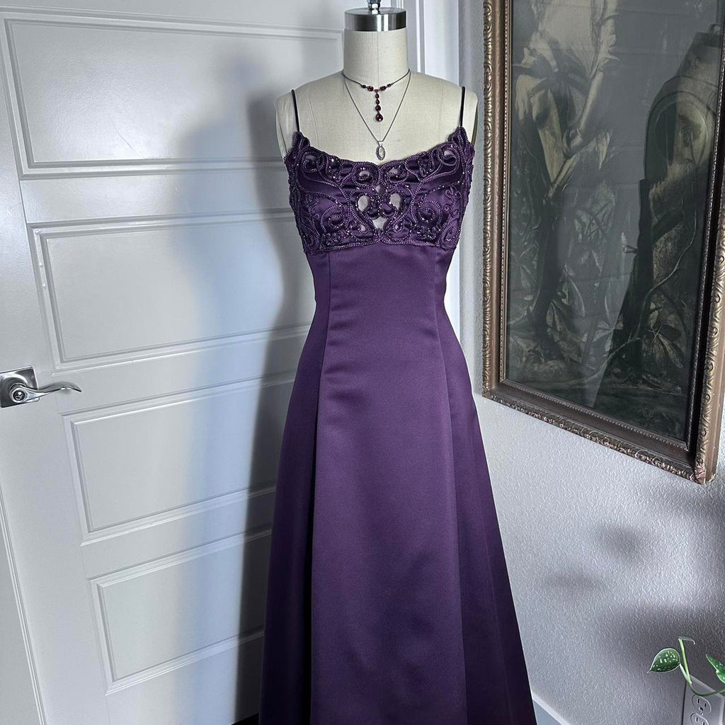 (out of stock)Purple Vintage Fashion Elegant Exquisite Beaded Long Spaghetti Strap Satin prom dress Evening Dress Party Dress gh3676