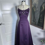(out of stock)Purple Vintage Fashion Elegant Exquisite Beaded Long Spaghetti Strap Satin prom dress Evening Dress Party Dress gh3676