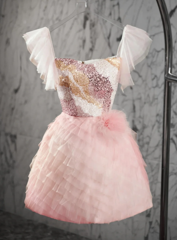 Cute Square Neck Pink Tulle Sequin homecoming Dress Mini Birthday Outfits  S365