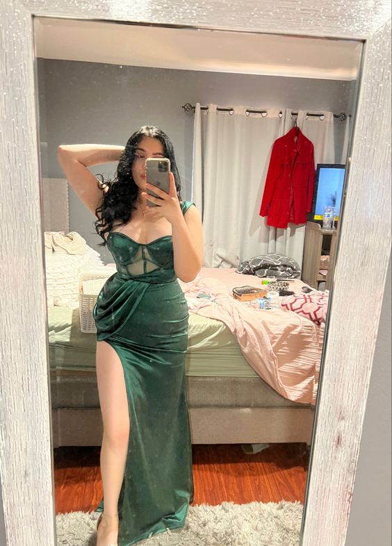Sexy Mermaid Dark Green Velvet Long Slit Prom Dresses P1034