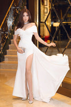 Mermaid Off The Shoulder Long Prom Dresses White Slit Prom Dress P1100