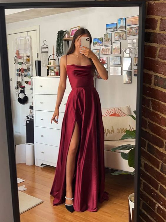 Elegant A line Burgundy Slit Prom Dresses Long Formal Dress P1117