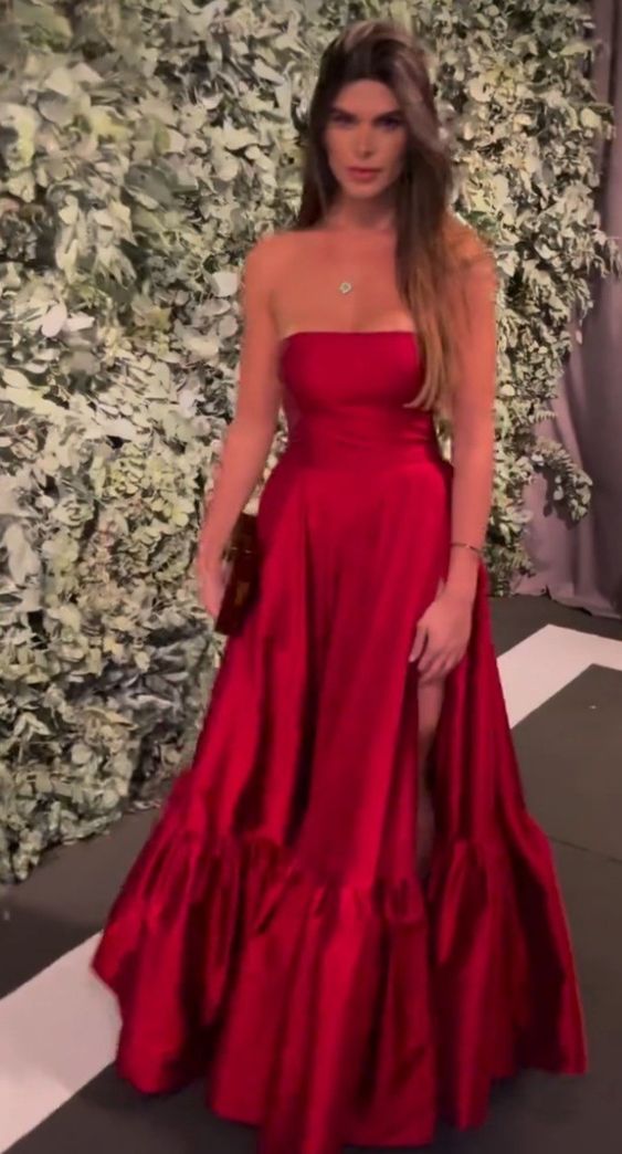 A line Strapless Floor Length Sleeveless Red Slit Prom Dress P1154