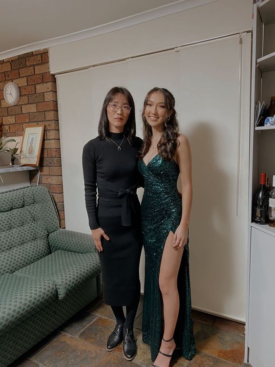 Mermaid Straps Floor Length Sleeveless Dark Green Side Slit Prom Dress P1157