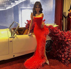 Sexy Mermaid Straps Sleeveless Long Red Prom Dress With Feather P1204