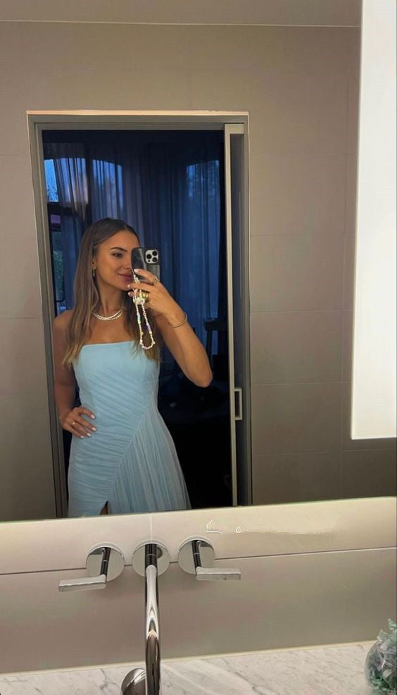 Sexy A Line Long Strapless Light Blue Slit Prom Dresses P1211