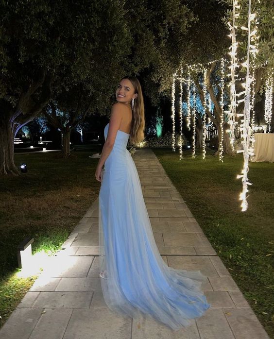 Sexy A Line Long Strapless Light Blue Slit Prom Dresses P1211