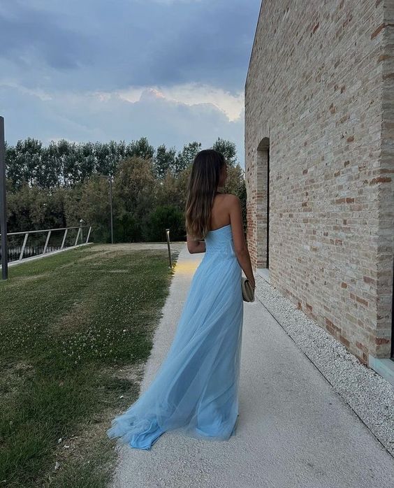 Sexy A Line Long Strapless Light Blue Slit Prom Dresses P1211