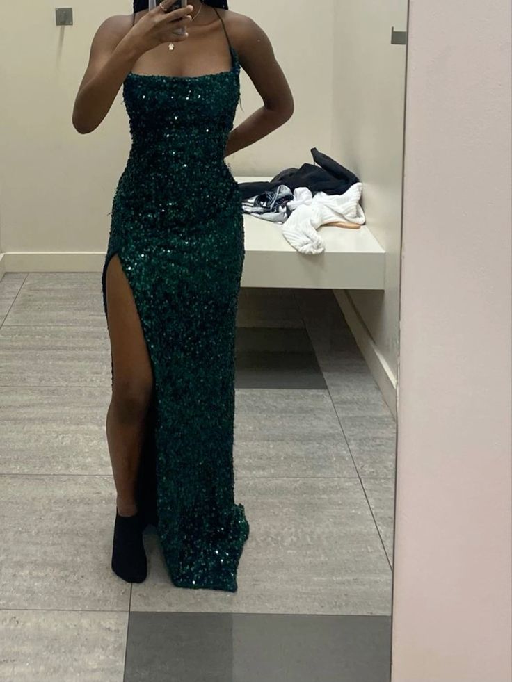 Modest Mermaid Long Dark Green Sequin Slit Prom Dresses P1245