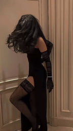 Simple Sheath Strapless Long Slit Black Prom Dresses P1252