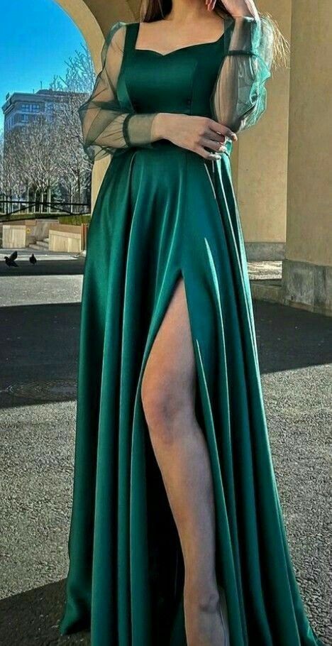 Simple A Line Long Sleeves Green Slit Prom Dress P1410