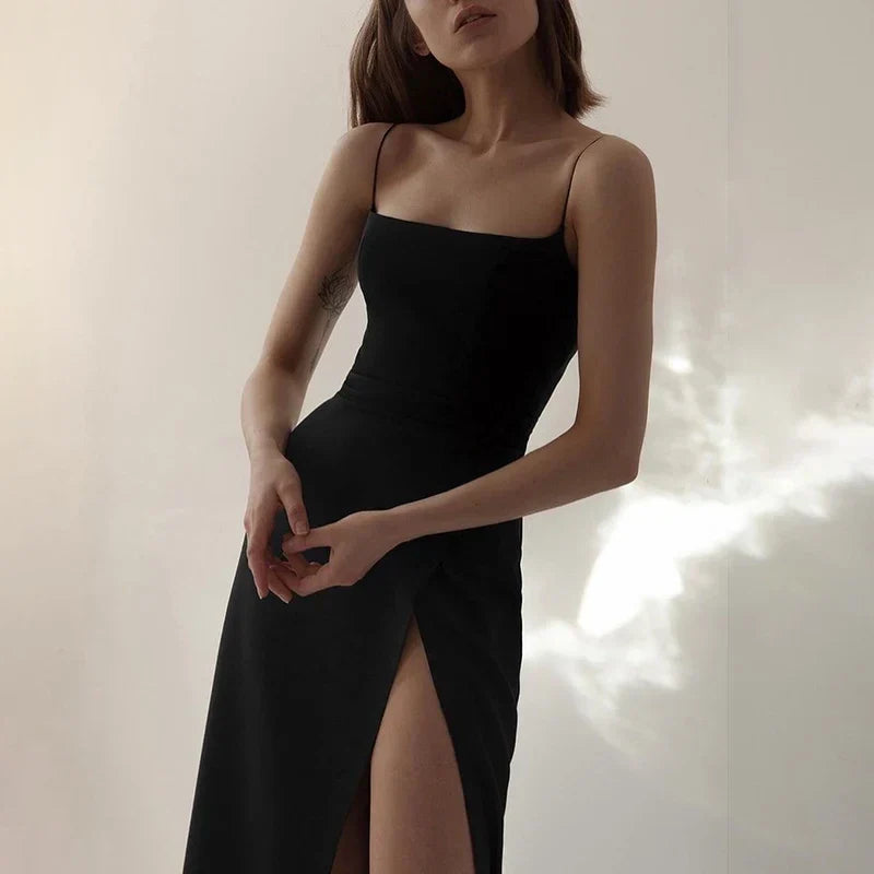 Simple Sheath Straps Long Black Slit Prom Dress P1414